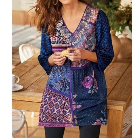 Soft Surroundings Tunic Top Large Velvet Burnout Beading Embellished Patchwork - Picture 1 of 16